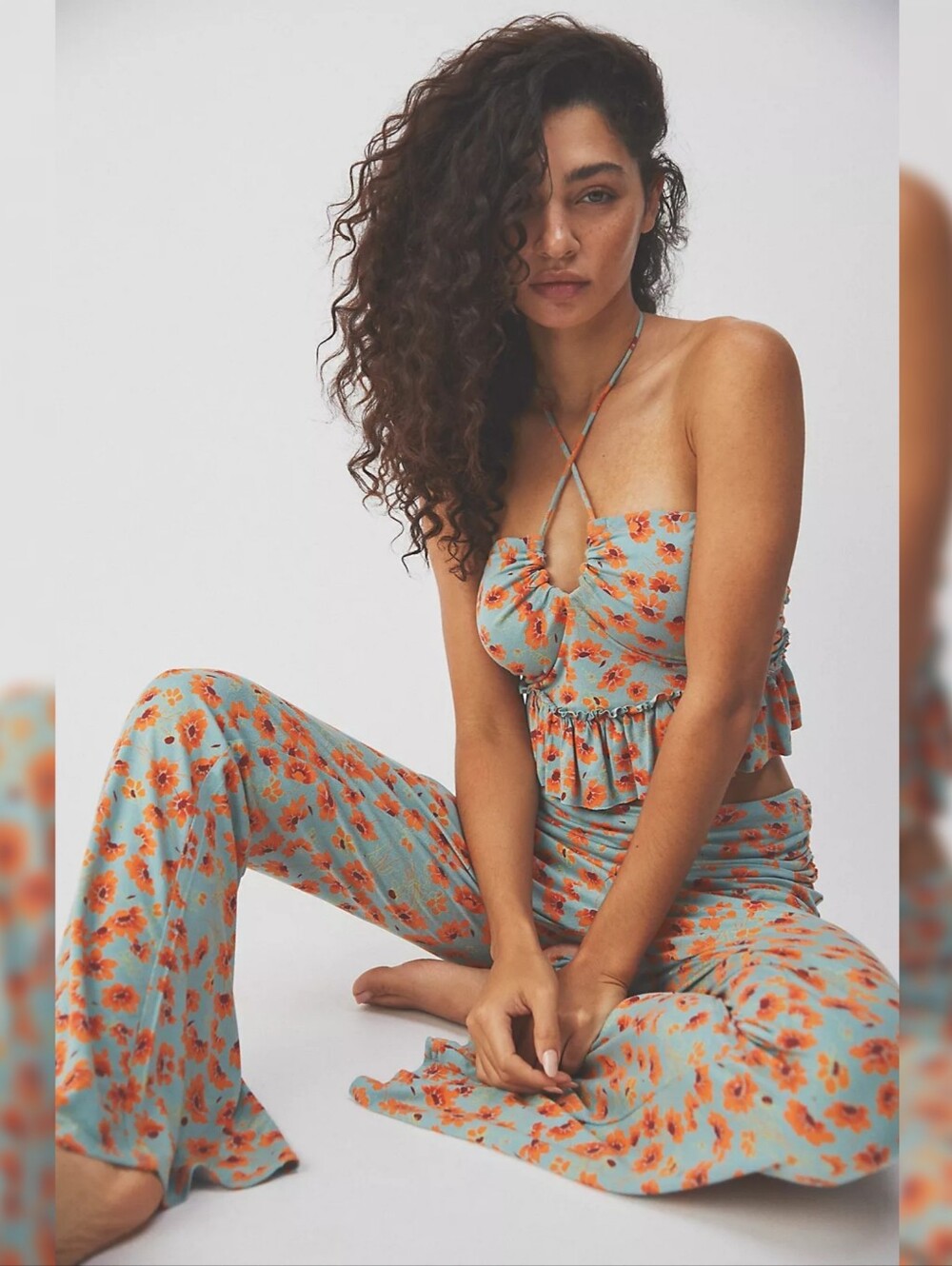 Free‎ People Ginger Rose Floral Halter Crop Top & Flare Pant Set Women's XL